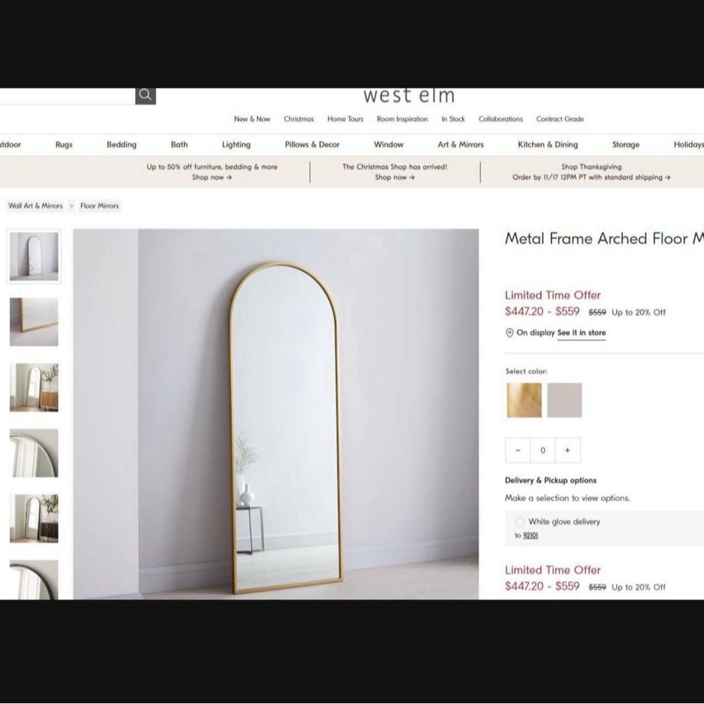 NEW West Elm Full Length Arched Gold Framed Boho Floor / Wall Mirror - 65" x 22" - Picture 5 of 12